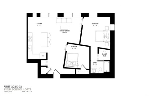 Floor plan for 2 beds, 1 bath, 1073 sqft